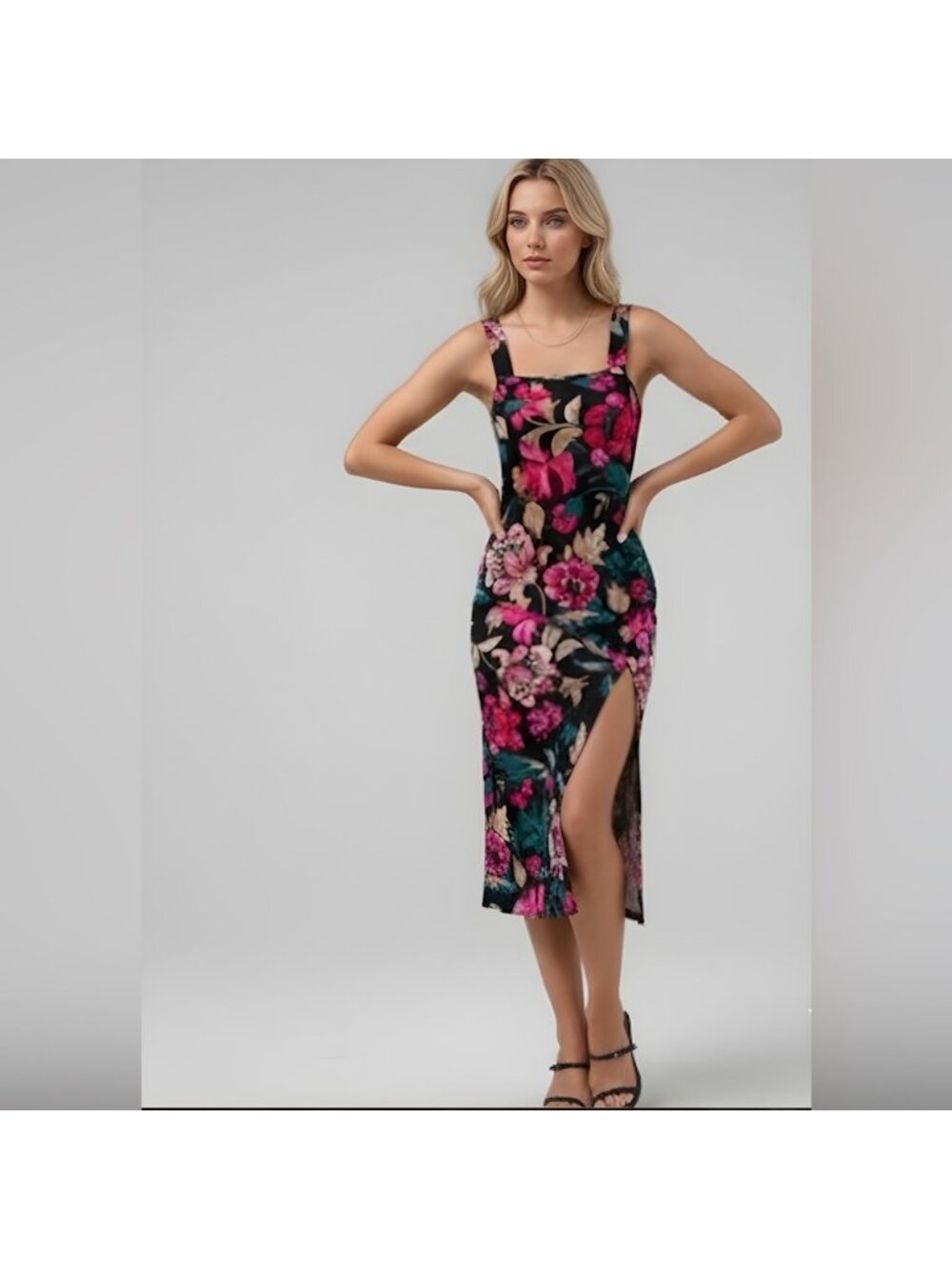 Boho Floral Print Split Thigh Cami Dress - Picture 3 of 7